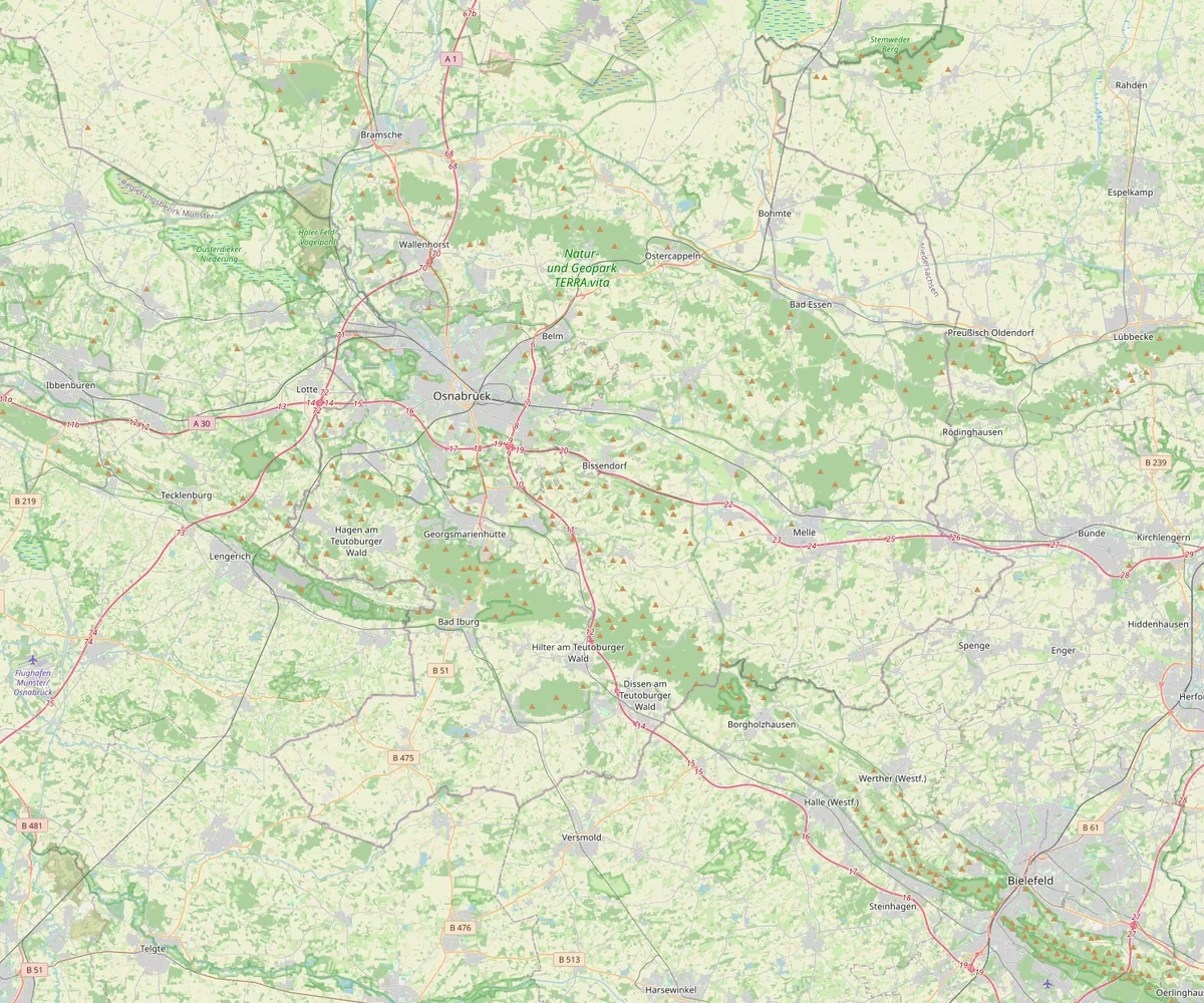 Karte der Region Osnabrück mit dem Einsatzgebiet im Umkreis von 25 Kilometern um Bissendorf